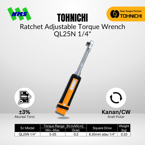 [EZM.1043807] Kunci Torsi QL25N 1/4" 5 - 25 Nm TOHNICHI Torque Wrench