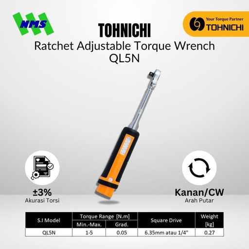[EZM.1043810] Kunci Torsi QL5N 1/4" 1 - 5 Nm TOHNICHI Torque Wrench