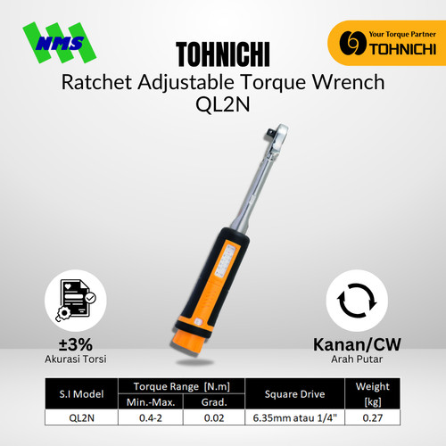 [EZM.1043811] Kunci Torsi QL2N 1/4" 0.4 - 2 Nm TOHNICHI Torque Wrench