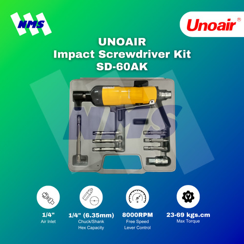 [EZM.1043970] Obeng Angin UNOAIR SD-60AK 1/4" Impact Air Screwdriver Kit Fullset
