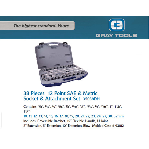 [EZM.8901028] KUNCI SOK SET 38 PC - 1/2 DR. 12PT - SOCKET GRAY TOOLS 35038DH