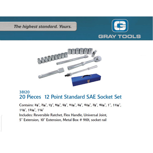 [EZM.8901029] KUNCI SOK SET 20 PCS - SOCKET SET 1/2" DR.12 PT GRAY TOOLS - 38120