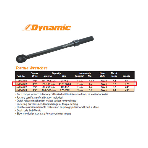 [EZM.8901062] TORQUE WRENCH 3/8 INCH DRIVE D086001 BRAND DYNAMIC TOOLS