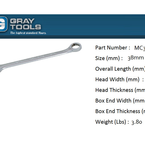 KUNCI RING PAS 38MM - WRENCH COMBO 38MM 12 PT SATIN GRAY TOOLS MC38