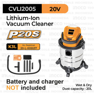 [EZM.8100651] P20S Cordless Vacuum Cleaner (20 L) INGCO CVLI2005 Penyedot Debu Vakum Basah/Kering