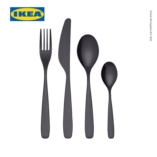 [EZO.0500741] IKEA TILLAGD Set Peralatan Makan Sendok Garpu Pisau Hitam Isi 24pcs